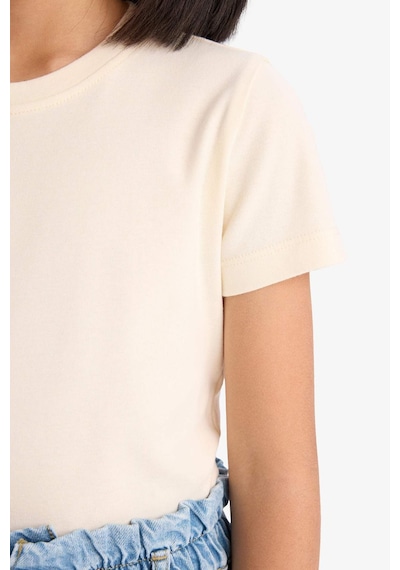 Defacto Slim Fit Dar Kesim Bisiklet Yaka Ribana Basic Düz Kısa Kollu Tişört Kız Çocuk B3054A824SM Ekru