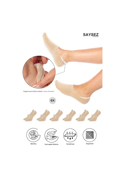 Saysez Bambu Kadın Babet Bej Çorap Dikişsiz Görünmez Kaydırmaz Topuk Silikonlu Premium 6'lı Paket Renkli