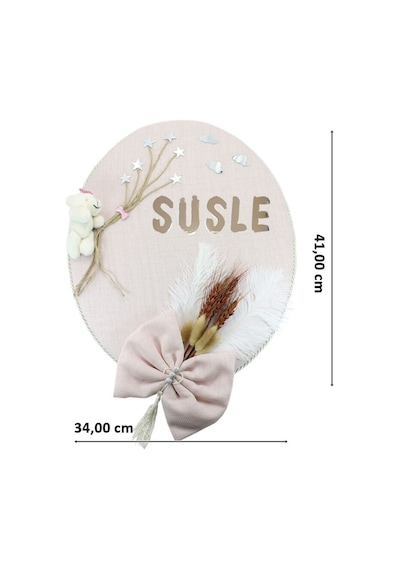 Süslebabypartystore Kuru Çiçek Tanzimli, Ayıcıklı, Isimli Oval Kapı Süsü, Pudra Renk Pudra