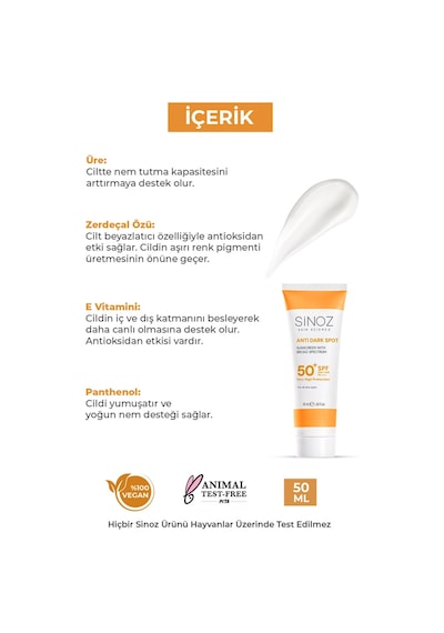 Sinoz Leke Karşıtı Yüksek Koruyucu Normal ve Kuru Ciltler İçin Yüz Güneş Kremi SPF50+ 50 ML