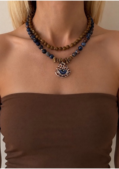 El Yapımı Kahverengi Jasper & Lapis Lazuli Doğal Taş İkili Kolye Seti Mavi - Kahverengi