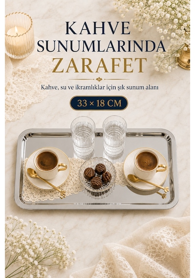 Premium Paslanmaz Çelik Sunum Tepsisi 33x18 Cm Şık Dikdörtgen Çay Kahve Servis Tepsisi Gümüş