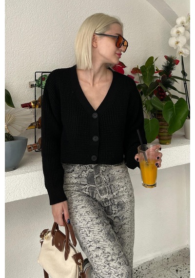 Madmext Siyah Uzun Kollu Düğmeli Crop Hırka Mg2198 Siyah