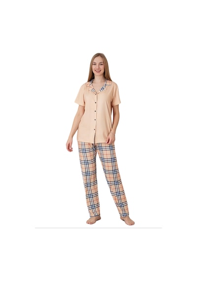 Farya Home Dreamy Milan Kısa Kollu Ekose Kareli Düğmeli Gömlek Pijama Takımı SOMON