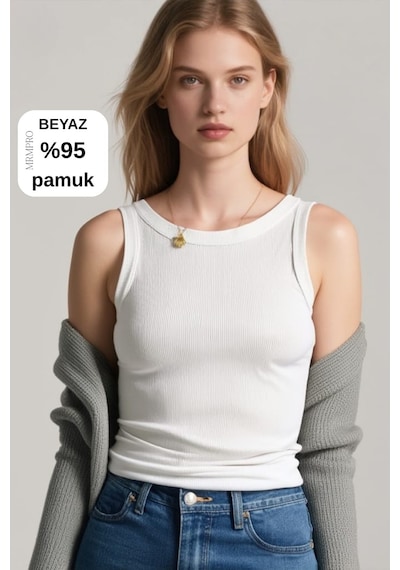 Mrmpro Kadın Lacivert Fitilli Görünümlü Kalın Askılı Basic Atlet Body %95 Pamuk Beyaz