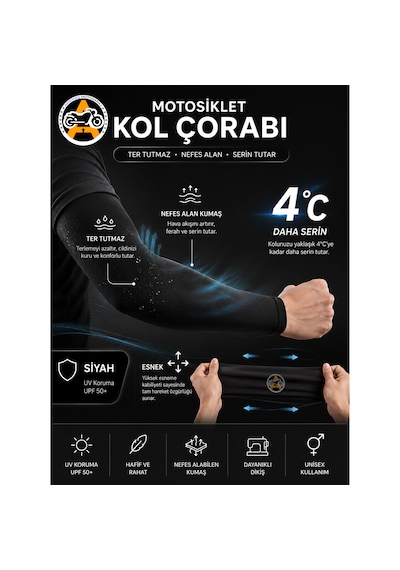Akgüneş Motogaraj Motosiklet Kol Çorabı Uv Korumalı, Nefes Alan, Ter Tutmayan, Esnek Unisex Kol Kılıfı Siyah