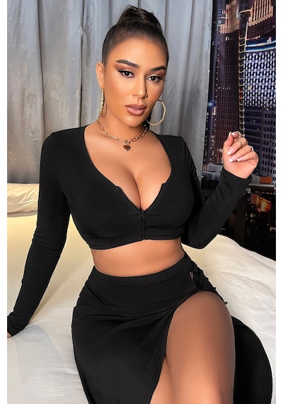 Kadın Siyah Uzun Kol Göğüs Ve Göbek Dekolteli Fermuarlı Crop Top Bluz