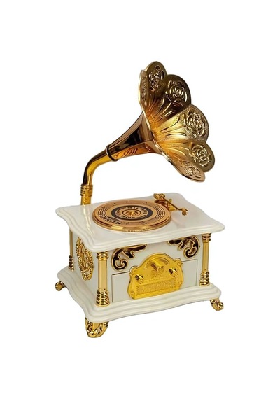 Nostaljik Beyaz Mini Gramafon Müzik Kutusu - Mekanik Masa Aksesuarı Hediyelik Beyaz