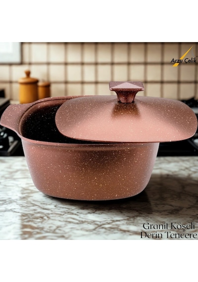 Katre 24 Cm Granit Köşeli Derin Tencere Alüminyum Kapak - Koyu Bakır