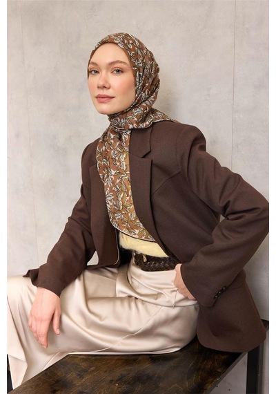 Silk Home Pamuk Polyester Soft Eşarp Hardal Ton Çiçek Desenli Kaymaz Dokulu 90x90 Çok Renkli