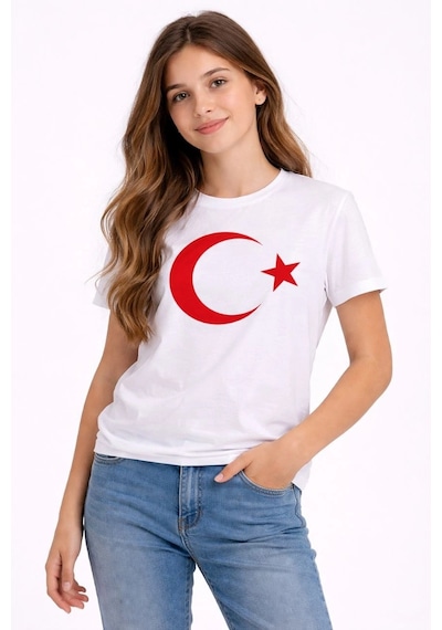 Kız Çocuk Tişört Bisiklet Yaka Ay Yıldız Bayrak Baskılı T-shirt - Beyaz Çok Renkli