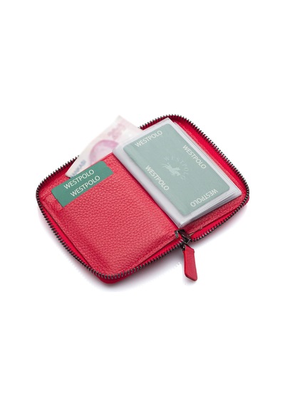 Westpolo Hakiki Deri Bol Şeffaf Kart Bölmeli Fermuarlı Unisex Cüzdan - Kırmızı Çok Renkli