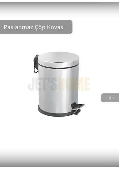 Jet's Home Pedallı Banyo Çöp Kovası Paslanmaz 8 Lt Mutfak Çöp Kutusu Gri Gri