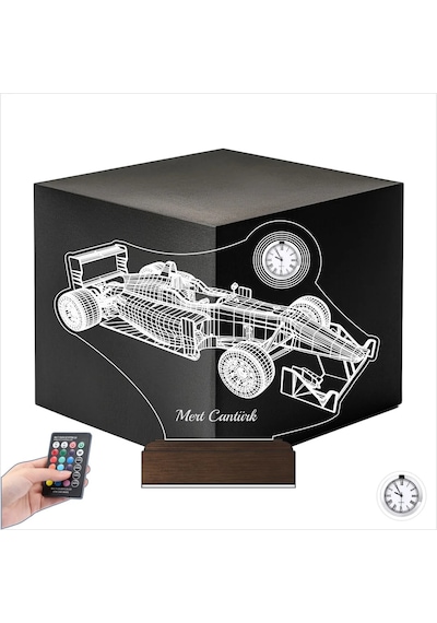 Luvivia Formula 1 F1 Yarış Arabası Kişiye Özel Metal Saatli 3d Lamba - Masa Gece Lambası Şeffaf