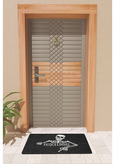 Rugmood Modern Dijtal Baskı Siyah Hoşgeldiniz İskelet Kapı Önü Paspası