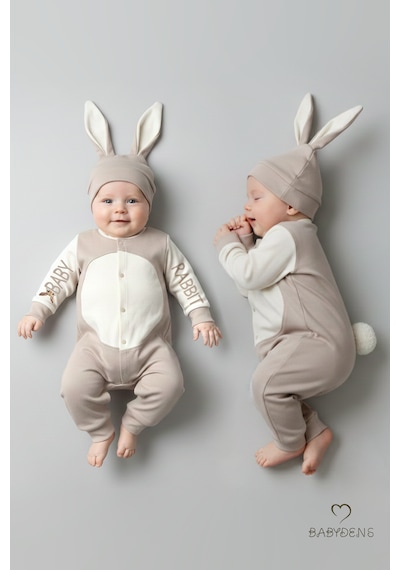 Babyden's Bebek Tavşanlı Tulum Şapka Set %100 Pamuklu Çıtçıtlı,ayarlanır Ponponlu Unisex Yenidoğan Tulum Seti Bej