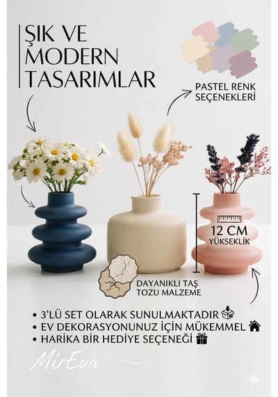 3'lü Mini Vazo Seti Pampas & Kuru Çiçek İçin İskandinav Pastel Taş Vazolar, Raf & Masa Üstü Minimal Dekor, M Diğer