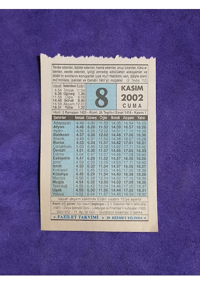 8 Kasım 2002 Takvim Yaprağı - Nostalji Koleksiyonluk Takvim Yaprağı