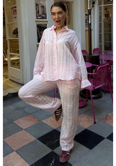 Madmext Pembe Transparan Relax Fit Çizgili Takım Mg2740