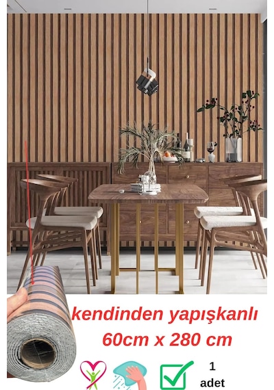 60cm X 280cm 1 Adet Kendinden Yapışkanlı Koyu Kahverengi Lambiri Desenli Duvar Paneli Kağıdı Gs8005