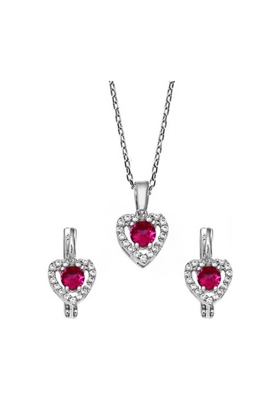 Kalp Motifli Ruby Zirkon Taşlı Gümüş Set - S016802