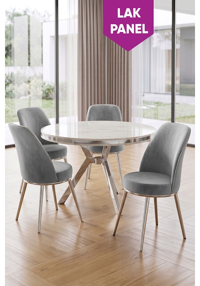 Natre Serisi 90x90 Lak Panel Beyaz Mermer Desen Krom Ayaklı Mutfak Masası Takımı Ve 4 Sandalye Beyaz Mermer Masa Gri Sandalye Natre Serisi 90x90 Lak Panel Beyaz Mermer Desen Krom Ayaklı Mutfak Masası Takımı Ve 4 Sandalye Beyaz Mermer Masa Gri Sandalye