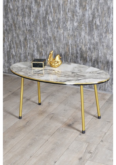 Zigon Sehpa Ve Orta Sehpa Elips Set Çift Gold Metal Beyaz Mermer Desen