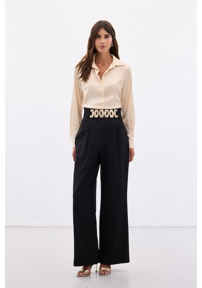 Sateen Kemerli Salaş Pantolon - Siyah-136532 Siyah