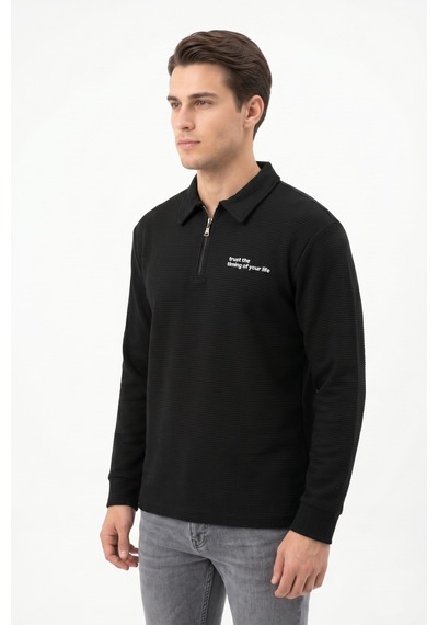 Opınıon Erkek Spor Polo Yaka Petek Dokulu Sweatshırt Bgl-st05442 Siyah