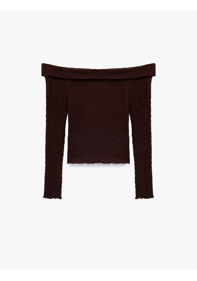 Koton Slim Fit Dokulu Omzu Açık Uzun Kollu Tişört Kahverengi 6wal10287ık Kahve