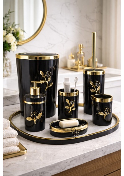 Arvale Çiçek Desenli Pleksi Gold Detaylı Siyah 5 Li Banyo Seti