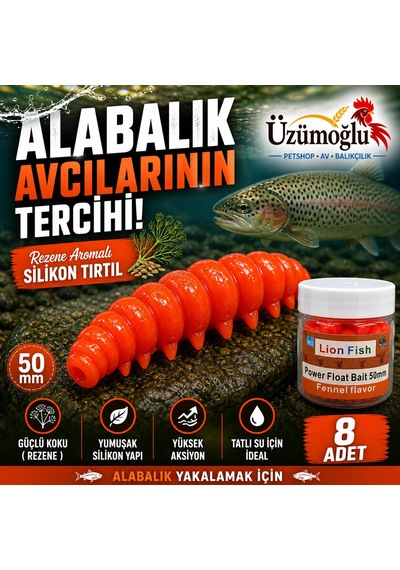 Üzümoğlu Kırmızı Rezene Aromalı Silikon Tırtıl 50mm 8 Adet Alabalık Yemi