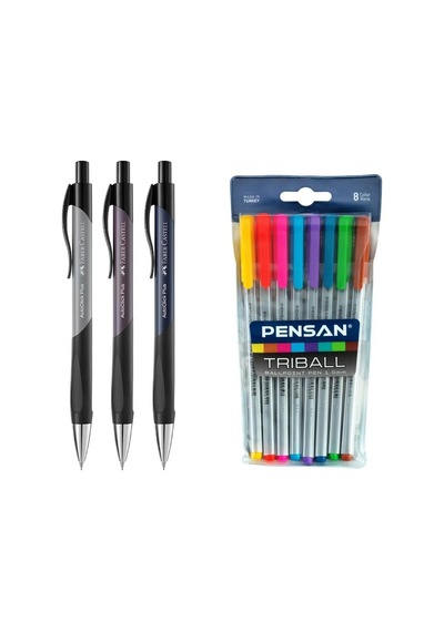 Okul Ve Sınav Yazım Seti Faber Castell Versatil Kalem Autoclick Plus 0.7mm 3 Adet + Triball 8 Adet Renkli Tükenmez Çok Renkli