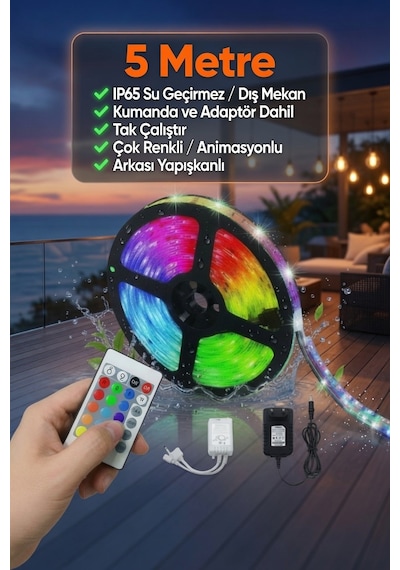 5 Metre Rgb Led Şerit Işık Ip65 Dış Mekan Su Geçirmez Kumandalı Adaptör Dahil Çok Renkli Animasyonlu Led Şerit