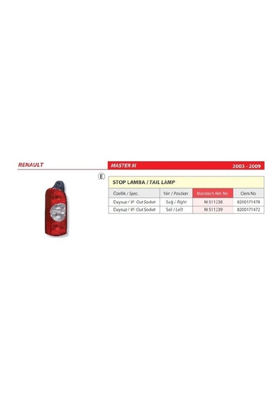 Renault Master Iıı Duysuz Sol Arka Stop Lambası 2003-2009 -8200171472