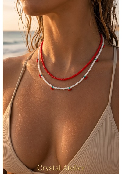Crystal Atelier 2'li Kiraz Boncuk Kolye Seti El Yapımı Kum Boncuk Beyaz Kırmızı İkili Choker Kombini Meyve Temalı Kadın Hediyelik Kolye
