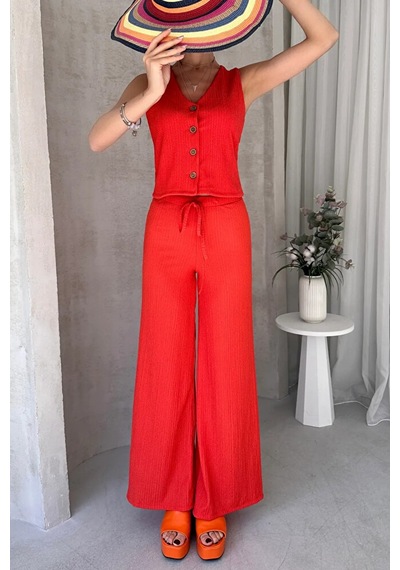 Kienor Nido Moda Yeni Sezon Kadın Yüksek Bel Rahat Pantolonlu Kolsuz Yel Turuncu