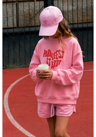 Monila Kız Çocuk 3 İplik Kumaş Baskılı Pamuklu Sweatshirt Pembe