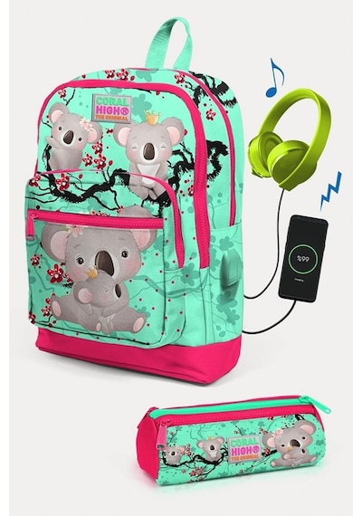 Coral High Kids Su Yeşili Neon Mercan Koala Desenli Usb'li 2'li Okul Çanta Seti - Kız Çocuk