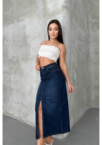 HLT Jeans Koyu Mavi Kadın Regular Fit Yüksek Bel Uzun Maxi Boy Denim Kot Etek Merry-4095 Koyu Mavi