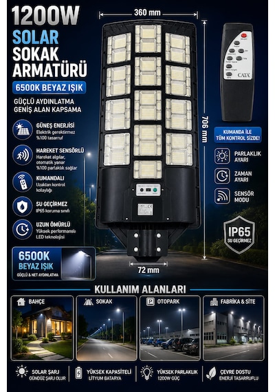 1200w Kumandalı Solar Güneş Enerjili Sokak Armatürü 6500k