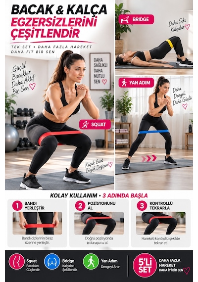 5'li Egzersiz Direnç Bandı Seti Pilates Fitness Yoga Spor Lastiği Evde Antrenman & Egzersiz Ekipmanı Çok Renkli