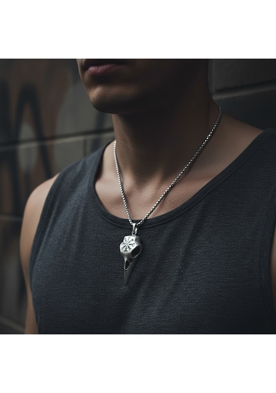Koruma Kuzgun Kafatası - Vegvisir Gümüş Kaplama Örme Zincir Kolye Silver
