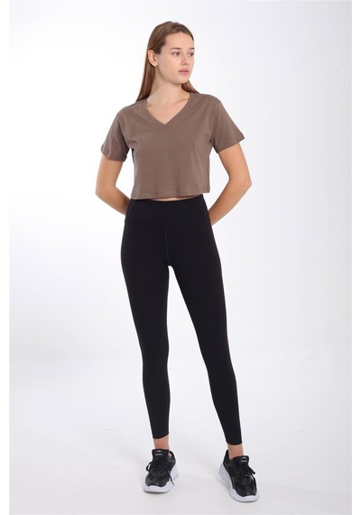 Maraton Sportswear Regular Kadın V Yaka Kısa Kol Basic Kakao Crop Top 21236 Kahverengi