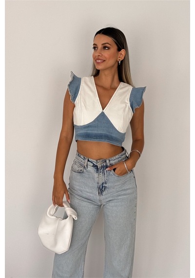 Femelle Kadın Mavi Sırtı Fermuarlı Crop Kot Bluz