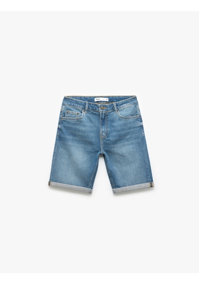 Koton Pamuklu Slim Fit Katlamalı Paça Bermuda Jean Şort Petrol 5sam40002ıd Petrol
