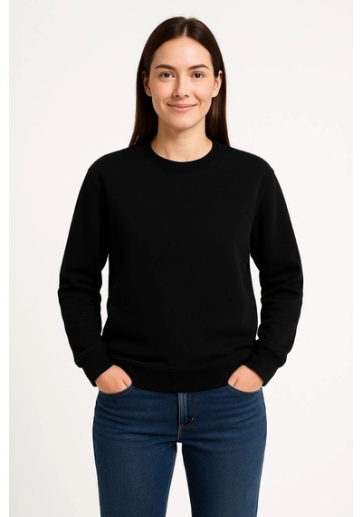 Primemagazam Kadın 3 İplik Pamuklu Düz Bisiklet Yaka Sweatshirt - Siyah Çeşitli