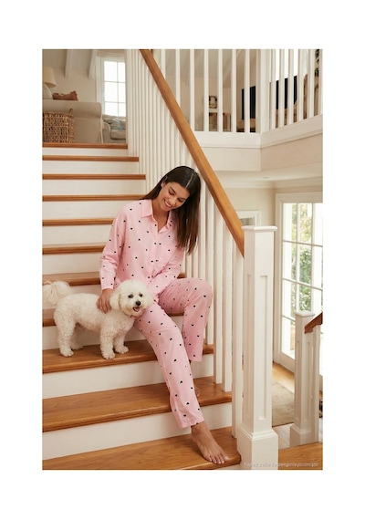 Lela Desenli Rahat Kesim Bol Paça Yazlık Bayan Pijama Takımı 6110014 Toz Pembe