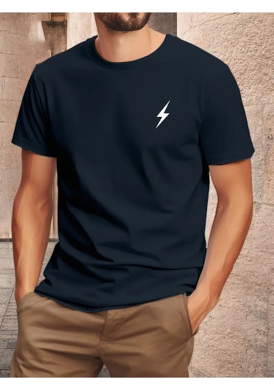 Unisex Pamuklu Sihirli Çizgi Ön Baskılı Tasarım Tshirt Lacivert