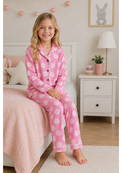 Beniizle Kız Çocuk Pijama Takımı Papatya Desenli Pembe Uzun Kollu Düğmeli 2 Li Pijama Takımı Beniizle Kız Çocuk Pijama Takımı Papatya Desenli Pembe Uzun Kollu Düğmeli 2 Li Pijama Takımı